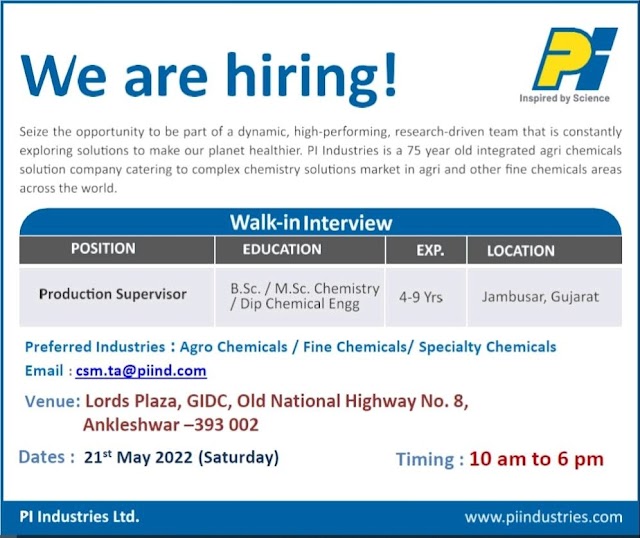 PI Industries | Walk-in interview for Production at Ankleshwar on 21at May 2022