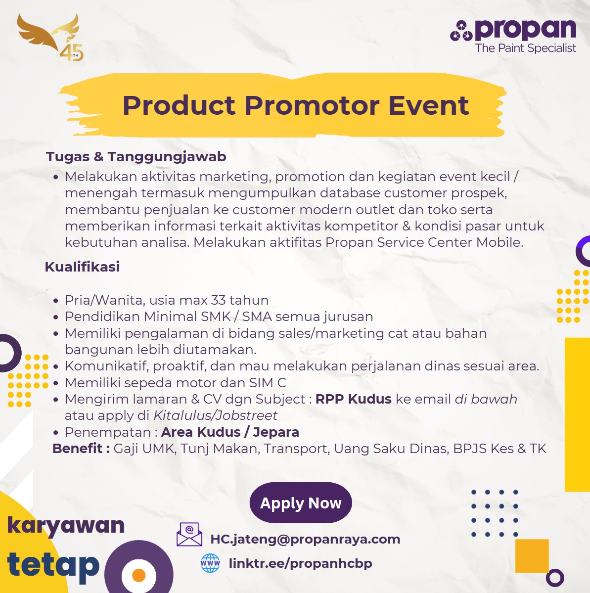 Lowongan Kerja Propan Raya di Area Kudus dan Jepara