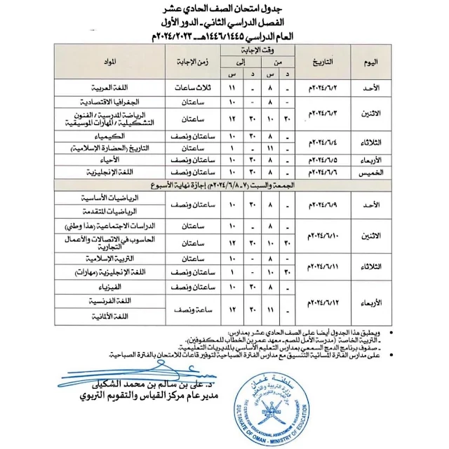 جدول اختبارات الصف الحادي عشر 2024 سلطنة عمان