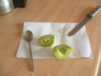 A very small melon, sliced on a countertop