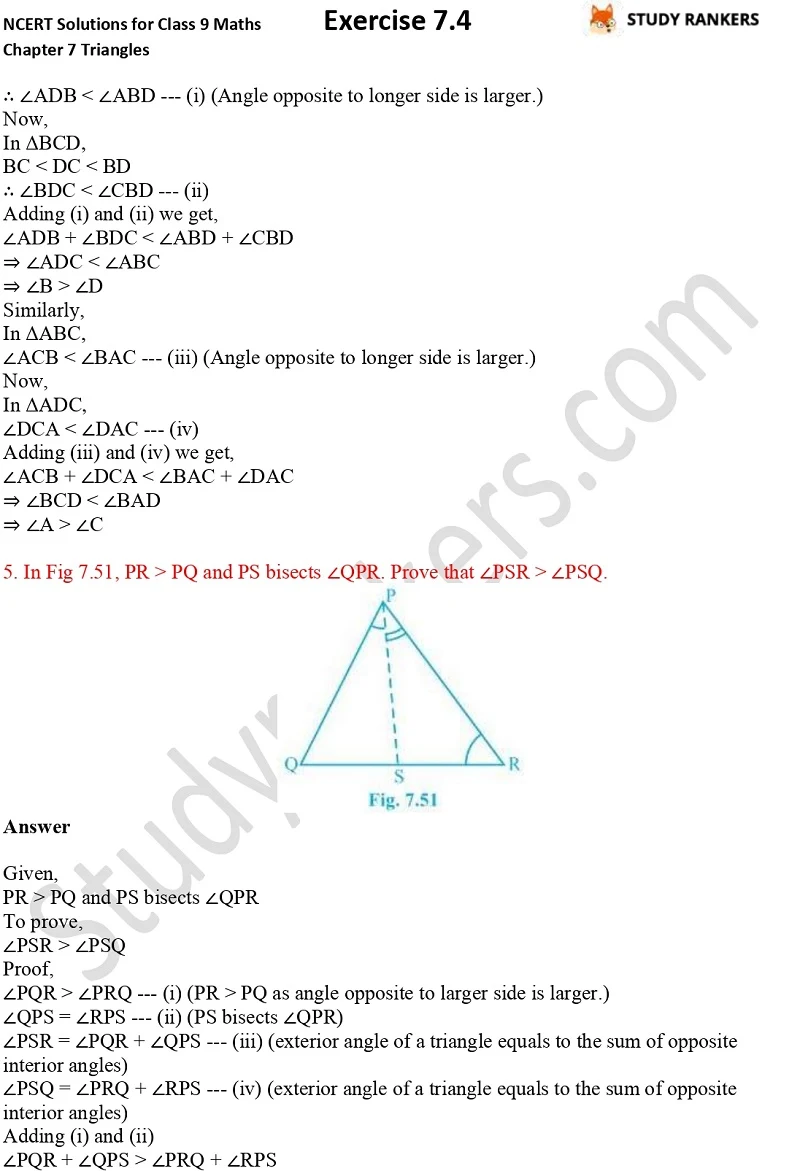NCERT Solutions for Class 9 Maths Chapter 7 Triangles Exercise 7.4 Part 3