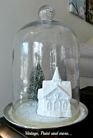 Vintage, Paint and more... Christmas scene made with a thrift store cloche and a dollar store church and bottle brush tree