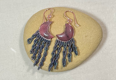 Crescent moon stone bead earrings with twisted bead fringe
