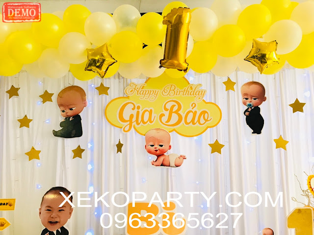 Trang trí thôi nôi sinh nhật cho bé trọn gói giá rẻ chủ đề bossbaby nhóc trùm tông màu vàng cho bé trai.