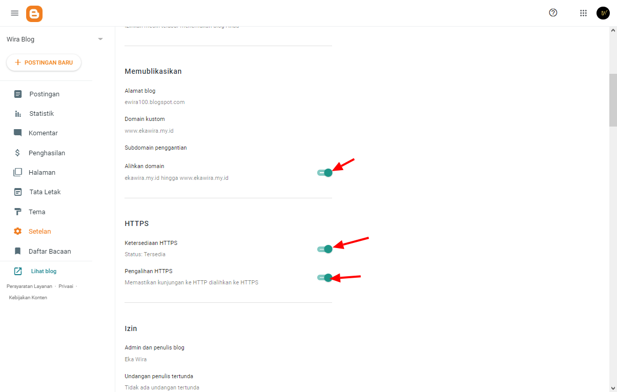 pengalihan domain dan mengaktifkan ssl blogger