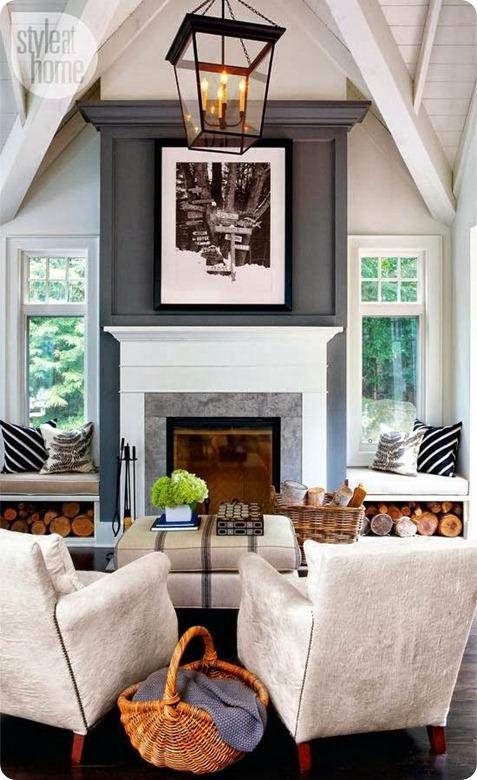 fireplace between windows
