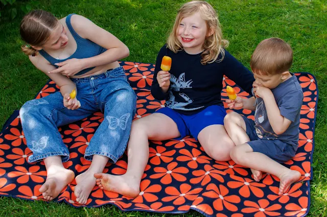 3 children having fun and eating ice lollies on a picnic blanket with red flowers