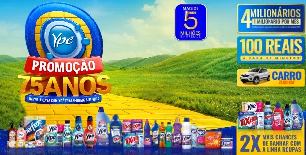 Imagem oficial da Promoção Ypê 75 Anos 2025, destacando prêmios de R$ 1 milhão, prêmios instantâneos de R$ 100 e o prêmio final de R$ 80 mil.