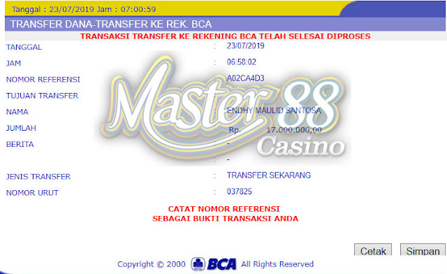 Bukti Transfer MasterCasino88 Rp 17.000.000