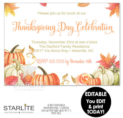 Thanksgiving Invitation Editable Template Instant Download