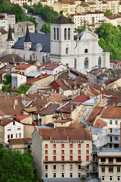 Cathedral and old houses in Saint Claude