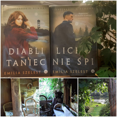 Kolaż wykonany ze zdjęć książek Emilii Szelest pod tytułem Diabli taniec i Licho nie śpi, a także zdjęć z drewnianą chatą, ławą, krzesłami i droga nad rzekę wśród drzew.