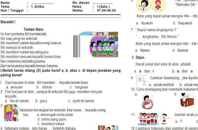 Download Soal PAS/UAS Kelas 1 Semester 1 Kurikulum 2013 (Tema 1: Diriku)