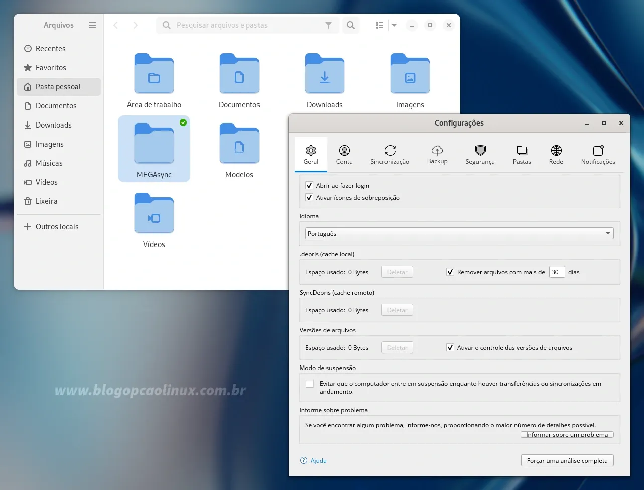 MEGAsync executando no Fedora 39 Workstation