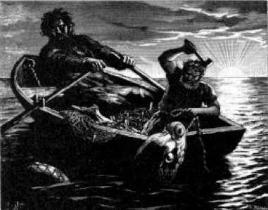 Thor e Hymir pescando Ilustración de 1893 para la edición sueca de la Edda poética de Fredrik Sander