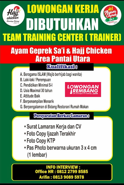 Lowongan Kerja Team Training Center (Trainer) Ayam Geprek Sa'i & Hajj Chicken Area Pantai Utara Rembang