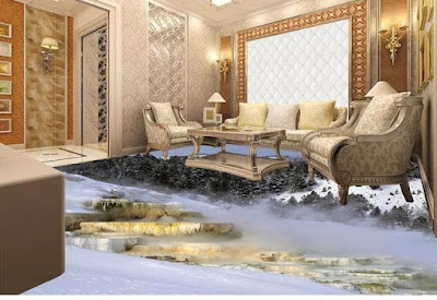 misty looking mountains and scenery with 3d living room floor artwork on tiles for beautiful interior