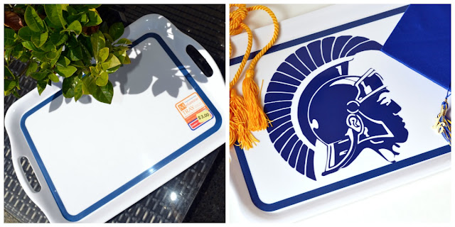 Using a high school mascot cut out of vinyl to create a custom tray for a graduation party