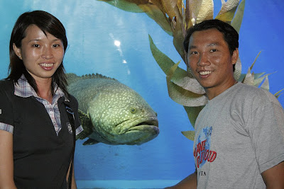 Chui Li and Yeo pose with the Giant Grouper