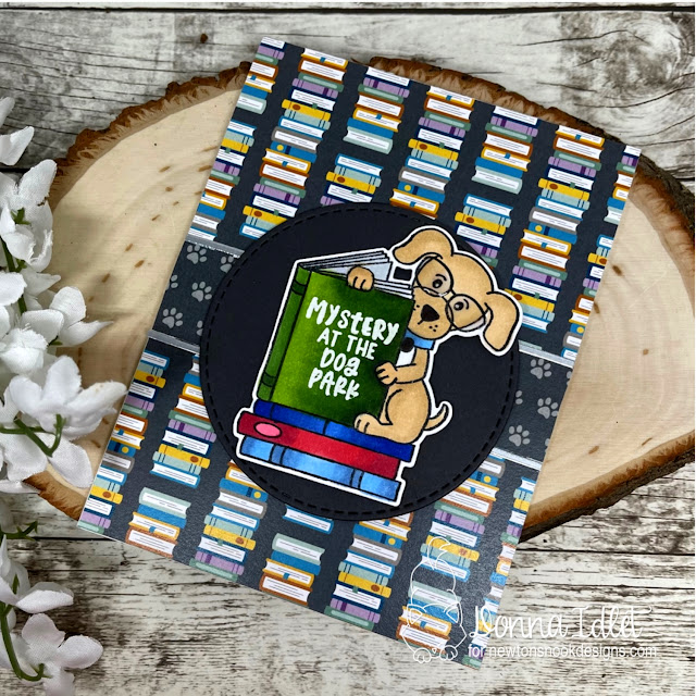 Dog Reading Book Card by Donna Idlet | Puppy's Reading List Stamp Set, Circle Frames Die Set and Coffee House Stories Paper Pad by Newton's Nook Designs