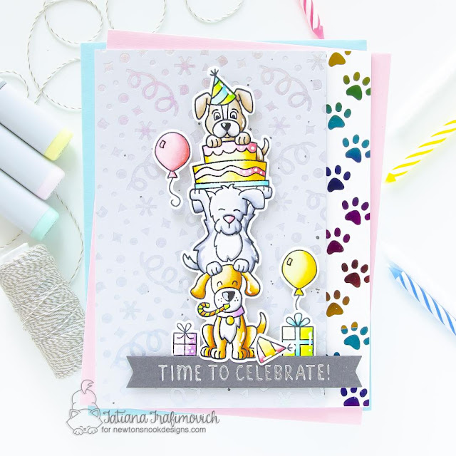 Dog Birthday card by Tatiana Trafimovich | Birthday Barks Stamp Set, Birthday Greetings Hot Foil Plates, Banner Duo Die Set, Paw Prints Hot Foil Plate and Confetti Hot Foil Plate by Newton's Nook Designs #newtonsnook #handmade