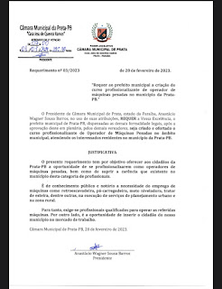 IMG_20230302_152226 Presidente da Câmara de Prata envia requerimento ao prefeito Genivaldo Tembório para a criação de curso profissionalizante de operador de máquina pesadas.