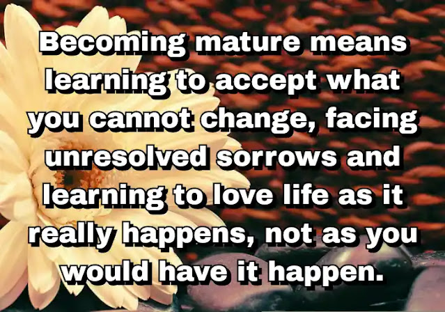 "Becoming mature means learning to accept what you cannot change, facing unresolved sorrows and learning to love life as it really happens, not as you would have it happen." ~ Barbara Sher