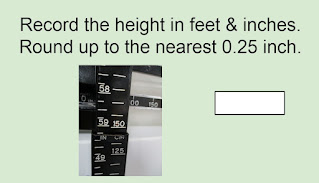 Record the height in feet & inches. Round up to the nearest 0.25 inch. The height is read at the first line past 59 inches.