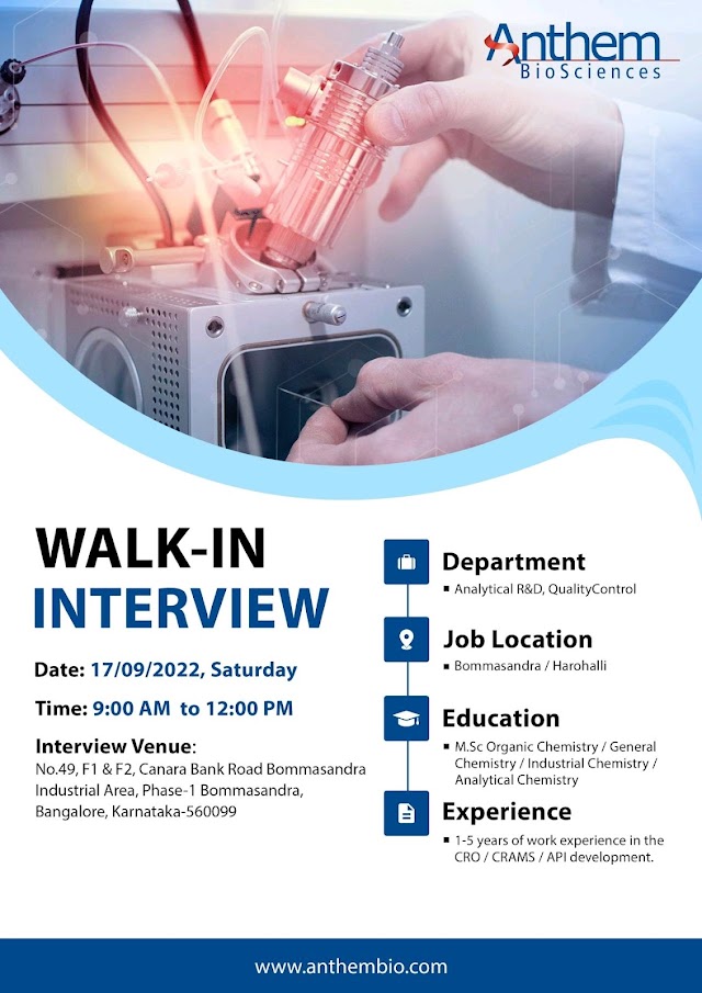 Anthem Bio Sciences | Walk-in interview at Bangalore for Analytical Development & QC on 17th September 2022