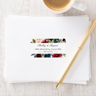  Watercolor Burgundy Red Blush Blue Floral Label