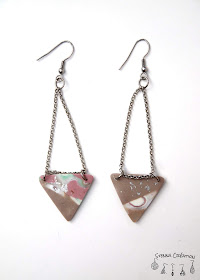Boucles d'oreilles pâte polymère Mokume Gane Blanc Rose Antique Taupe Vert Feuilles d'Argent Stenna Création
