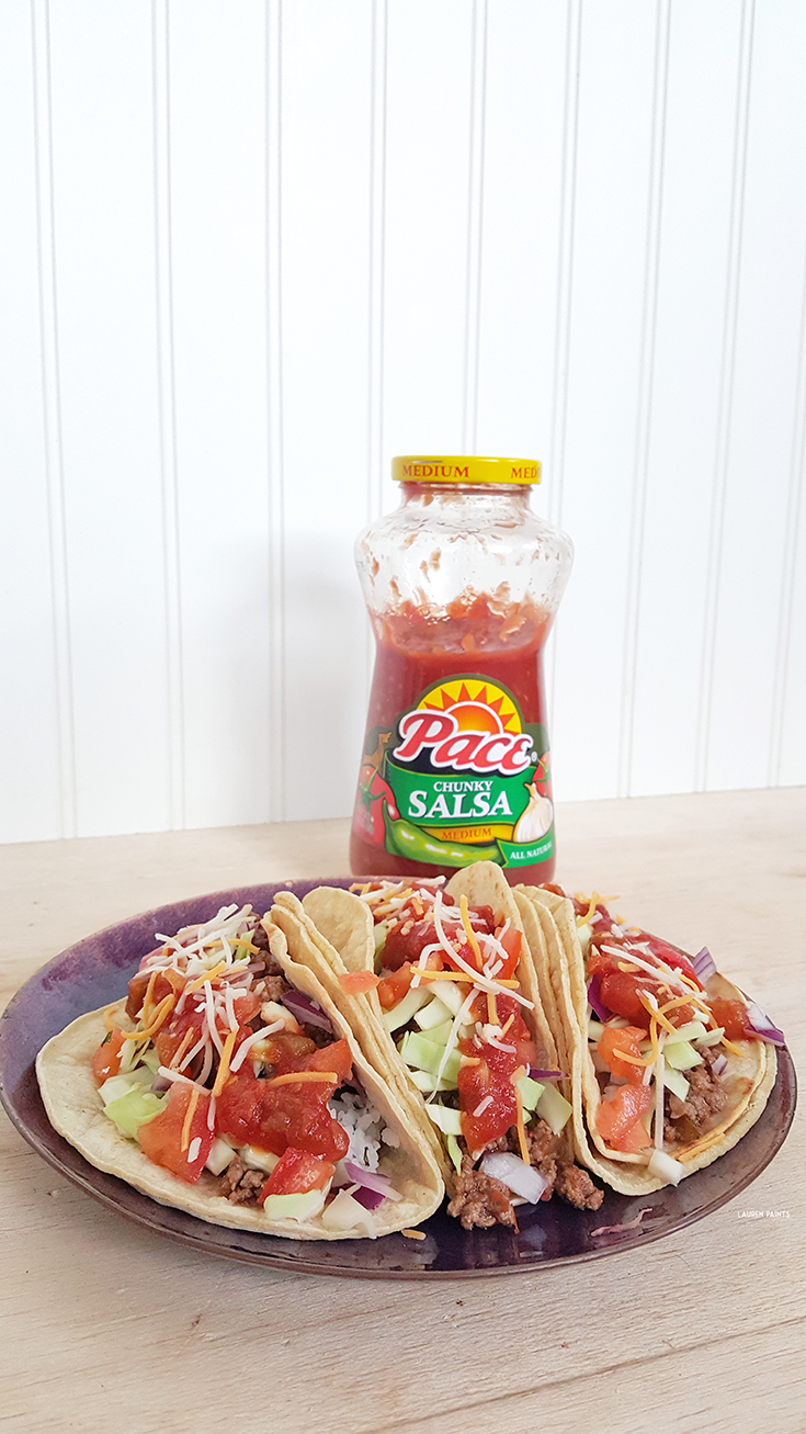 Check out this delicious, Americanized "street taco" recipe - double stacked, over flowing, with a rainbow of veggies, and a dollop of Pace salsa! Make these street tacos in minutes for dinner this evening!