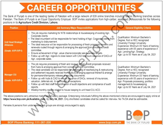 New Jobs in Bank of Punjab BOP-2021