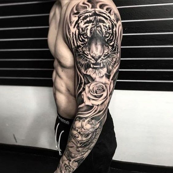 Tiger-with-Roses-Black-Ink-Sleeve-Tattoo