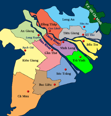 Locations of provinces and city in the Mekong Delta