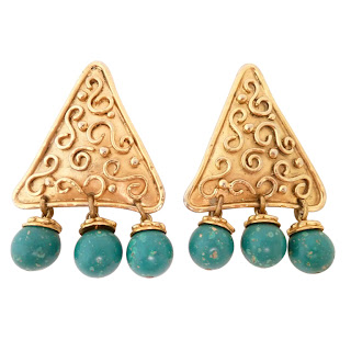 Vintage gold triangle shaped earrings with turquoise dangling beads