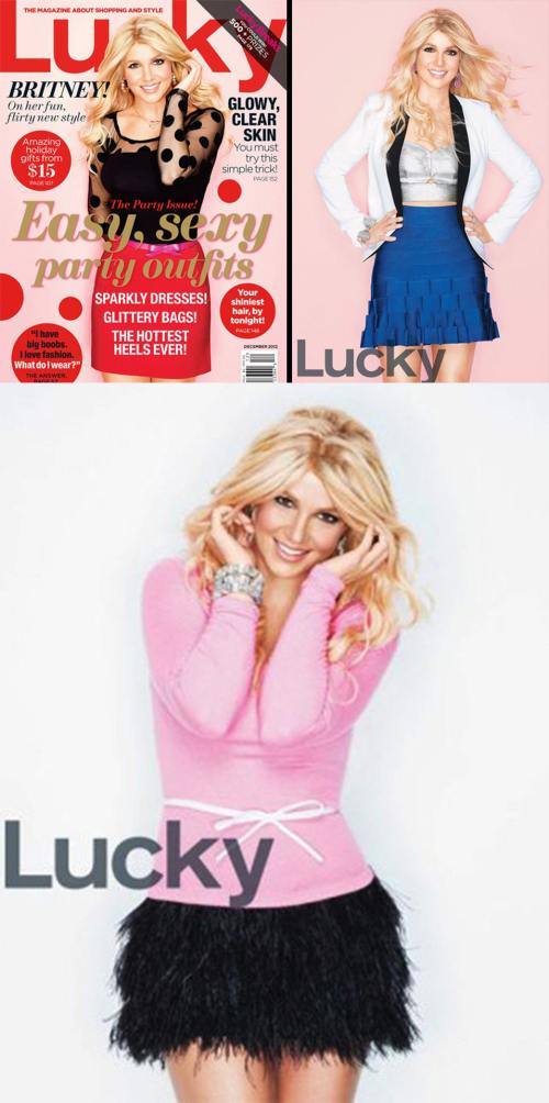 Britney Spears is Lucky Magazine's cover girl for the December 2012 issue.  She talked about her makeup routine during her interview.  "I really just wear mascara all the time. And powder, because I have zits. I get, like, these giant boxes of lip gloss and nail polish, and it's like candy."  She continued talking about how she deals with haters.  