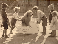 Children playing and placing a dog on a swan-shaped seat