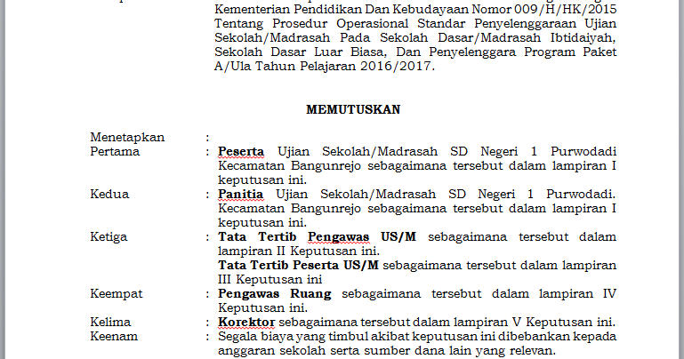 Download Contoh SK Panitia Ujian Sekolah US/M Tahun 2017 Format Microsoft Word ~ Sentra Pendidikan