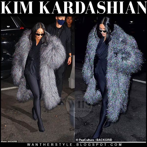 Kim Kardashian in grey shaggy coat and black pantashoes