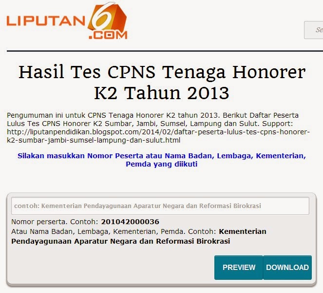 Daftar Peserta Lulus Tes CPNS Honorer K2 Sumbar, Jambi, Sumsel, Lampung dan Sulut