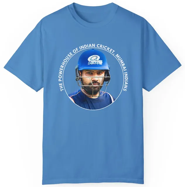 Garment Dyed Mumbai Indians Cricket T-Shirt for Men and Women With Rohit Sharma Close Up Face Wearing Helmet and Slogan The Powerhouse of Indian Cricket, Mumbai Indians