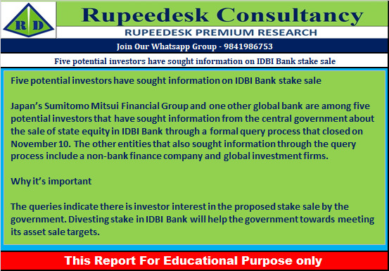 Five potential investors have sought information on IDBI Bank stake sale - Rupeedesk Reports - 29.11.2022