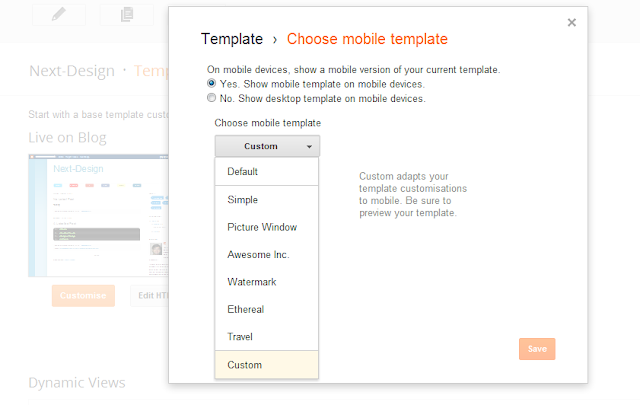 mobile template select for blogger new dashboard
