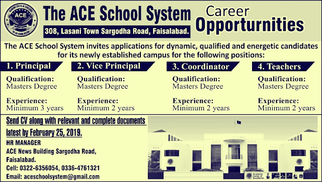 ACE School System Faisalabad Jobs 2019 For Principal and Teachers