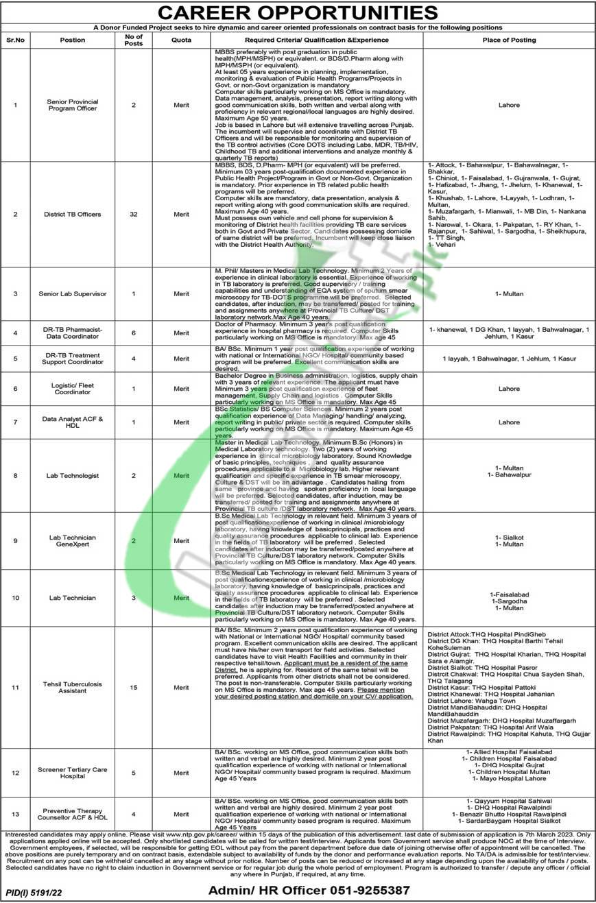 National TB Control Program Jobs 2023 Apply Online | www.ntp.gov.pk/career