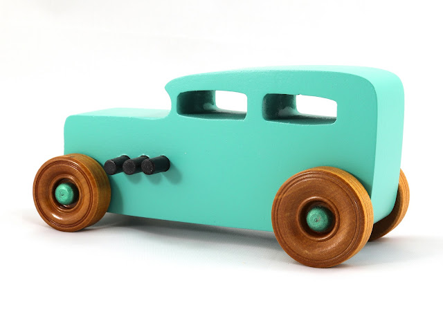 Wood Toy Car, Hot Rod 1932 Sedan, Handmade and Finished with Turquoise, Metalic Green, and Black Acrylic Paint and Amber Shellac