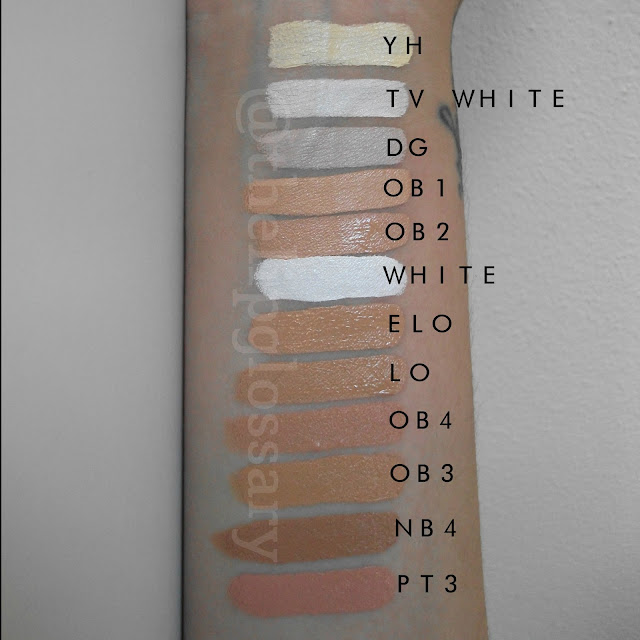 Kryolan Ultra Foundation Swatch YH TV White DG OB1 OB2 White ELO LO OB4 OB3 NB4 PT3