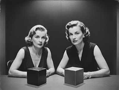 Met de Remix-app genereerde AI-afbeelding: twee dames gekleed in de stijl van de jaren 50, aan een tafel met daarop twee vierkante kistjes