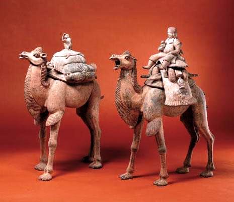 Tang Dynasty Camels with Riders and Pet Monkeys 